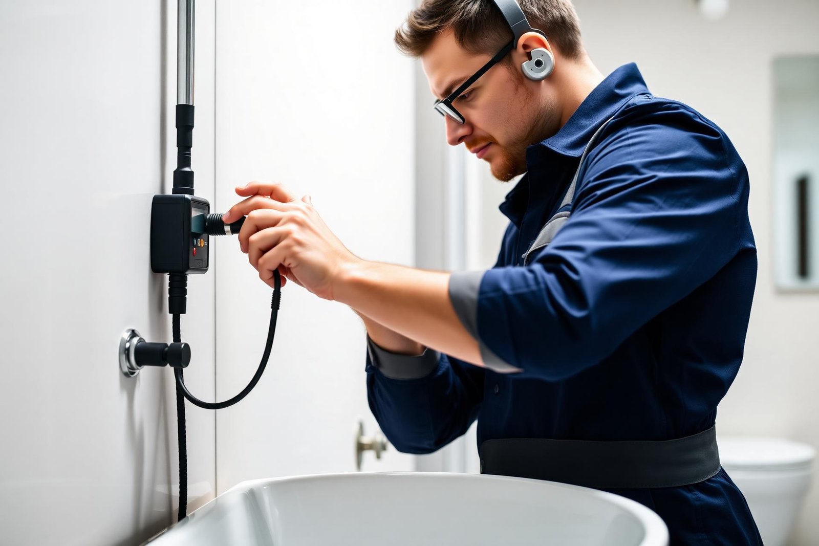 Technicien Tempo Plomberie réalisant une recherche de fuite avec un détecteur acoustique